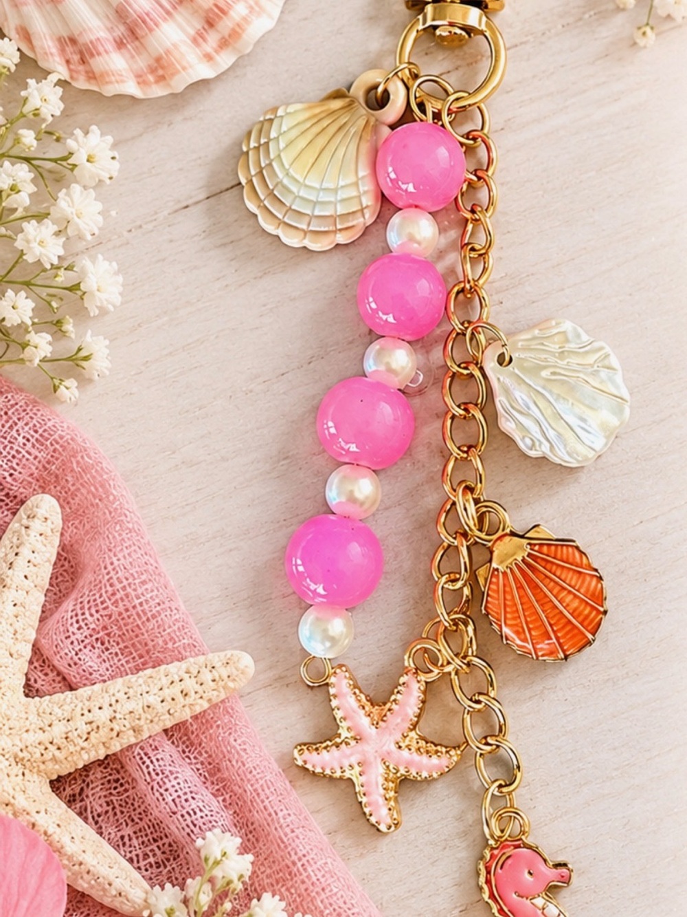 Pink Beach Charm Keychain with Shell & Starfish Charms